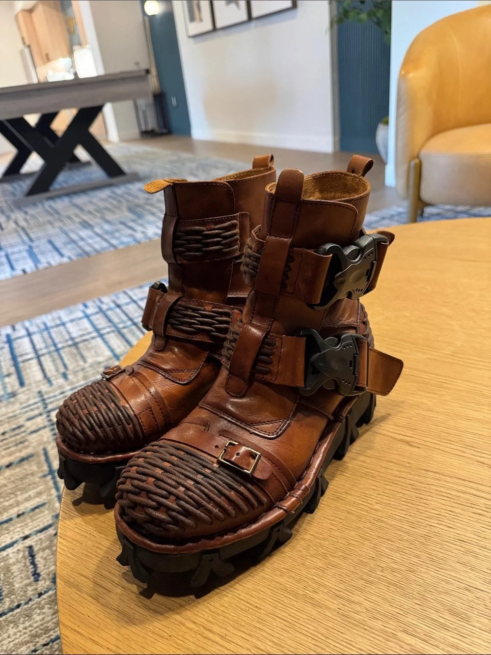 Women's Tan Woven Leather Moto Combat Boots - Picture 5 of 12